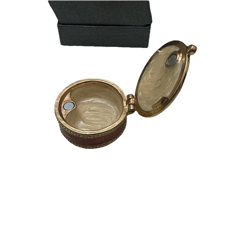 Vintage pearl enamel encased Trinket / Pill box container hinged enamel red gold